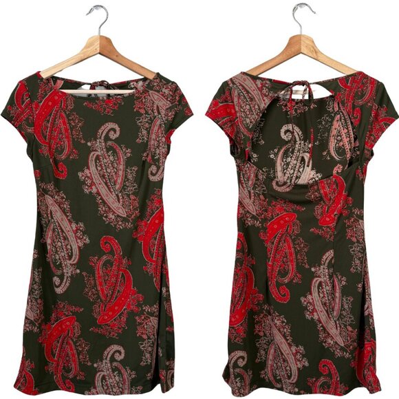 Vintage BCBG Paisley Open Back Mini Dress Women's Medium Green Red Y2K Party - Picture 1 of 11